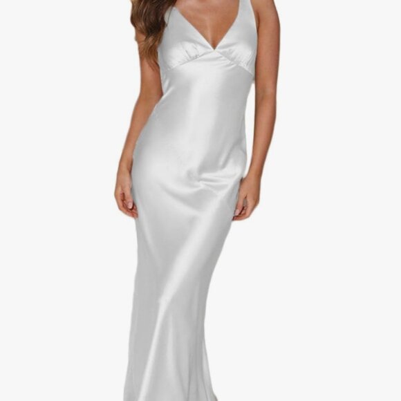 Amazon Dresses & Skirts - Amazon Elegant White Satin Backless Gown - Size XS